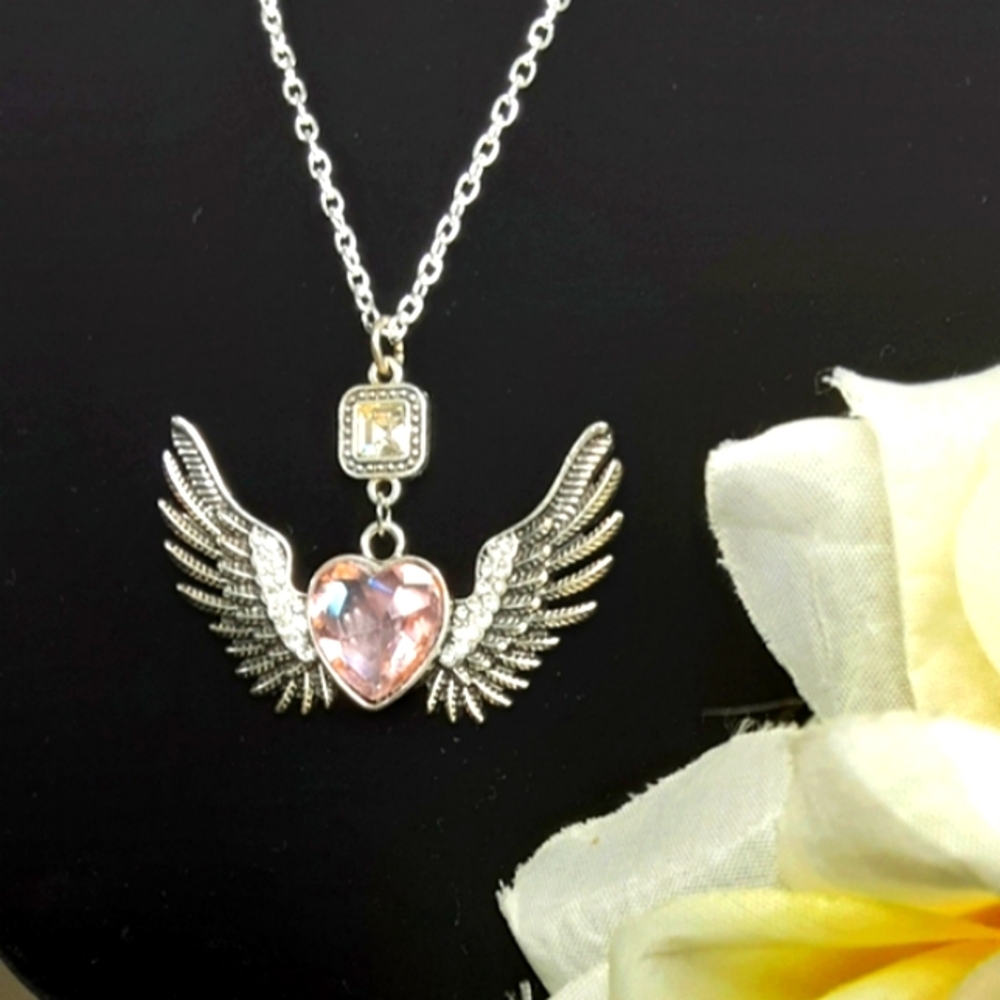 Handmade Heart With Wings Necklace Pale Pink 23" Chain - Picture 3 of 4
